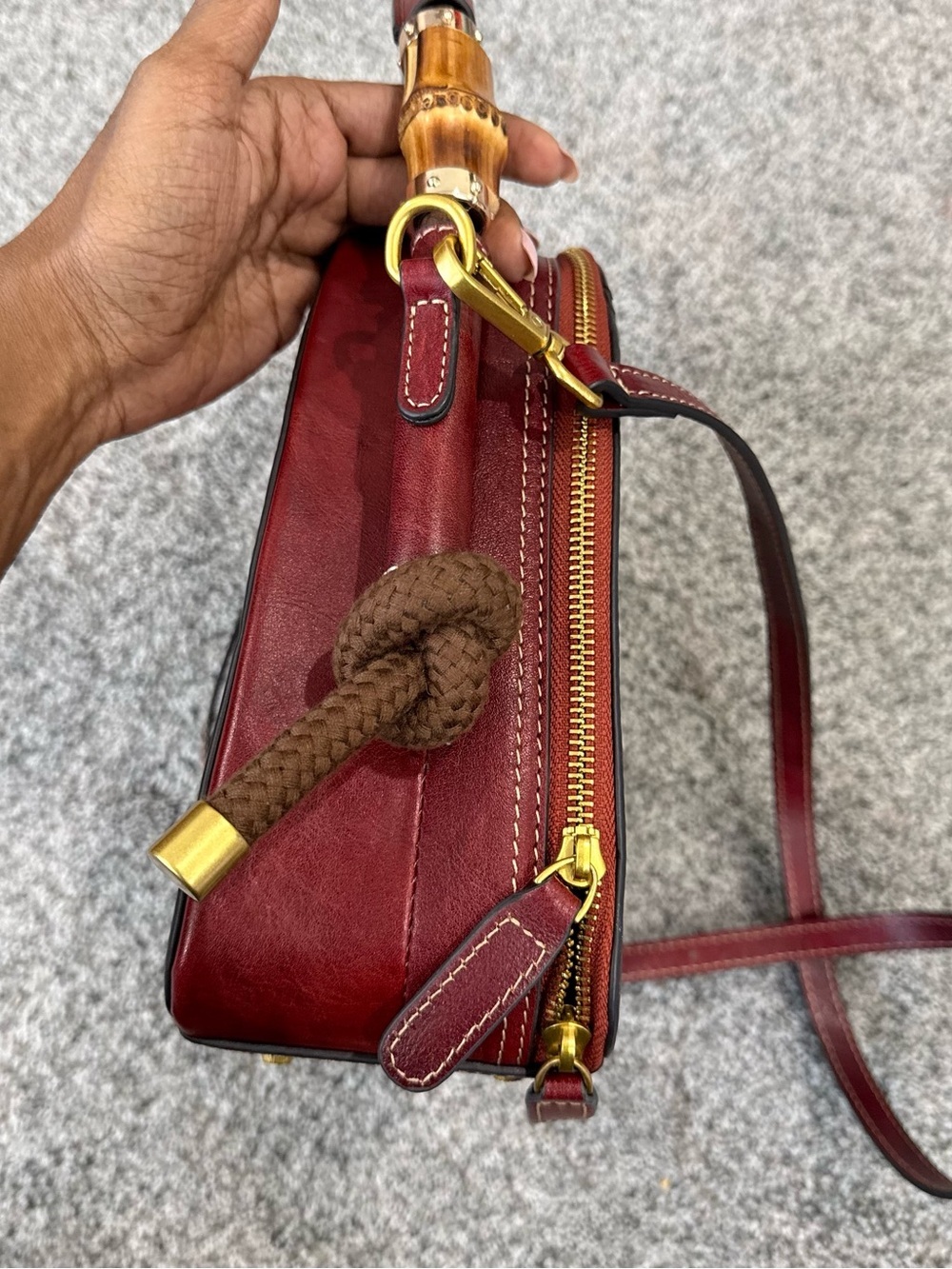 Red Genuine Leather Retro Top Handle Structured Crossbody Stachel Bag Zip Close - Picture 6 of 16